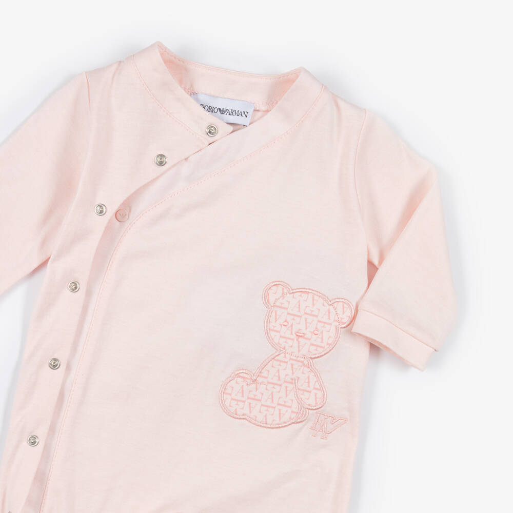 Emporio Armani-Girls Pink Cotton Bear Logo Babygrow | Childrensalon