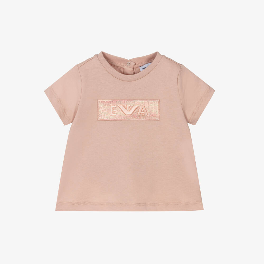 Emporio Armani-Girls Pink Cotton Embroidered Tonal Logo T-Shirt | Childrensalon