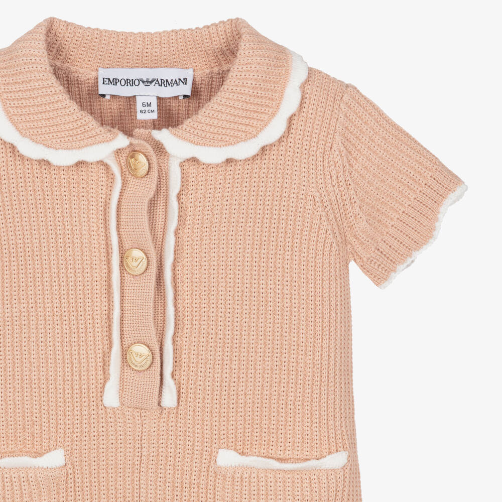 Emporio Armani-Комбинезон розовый из хлопкового трикотажа с кремовыми волнистыми краями для девочек | Childrensalon