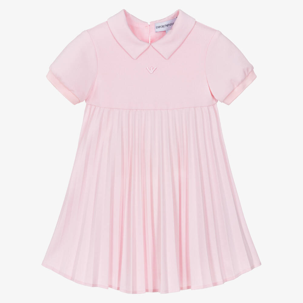 Emporio Armani-Girls Pink Cotton Piqué Pleated Dress | Childrensalon