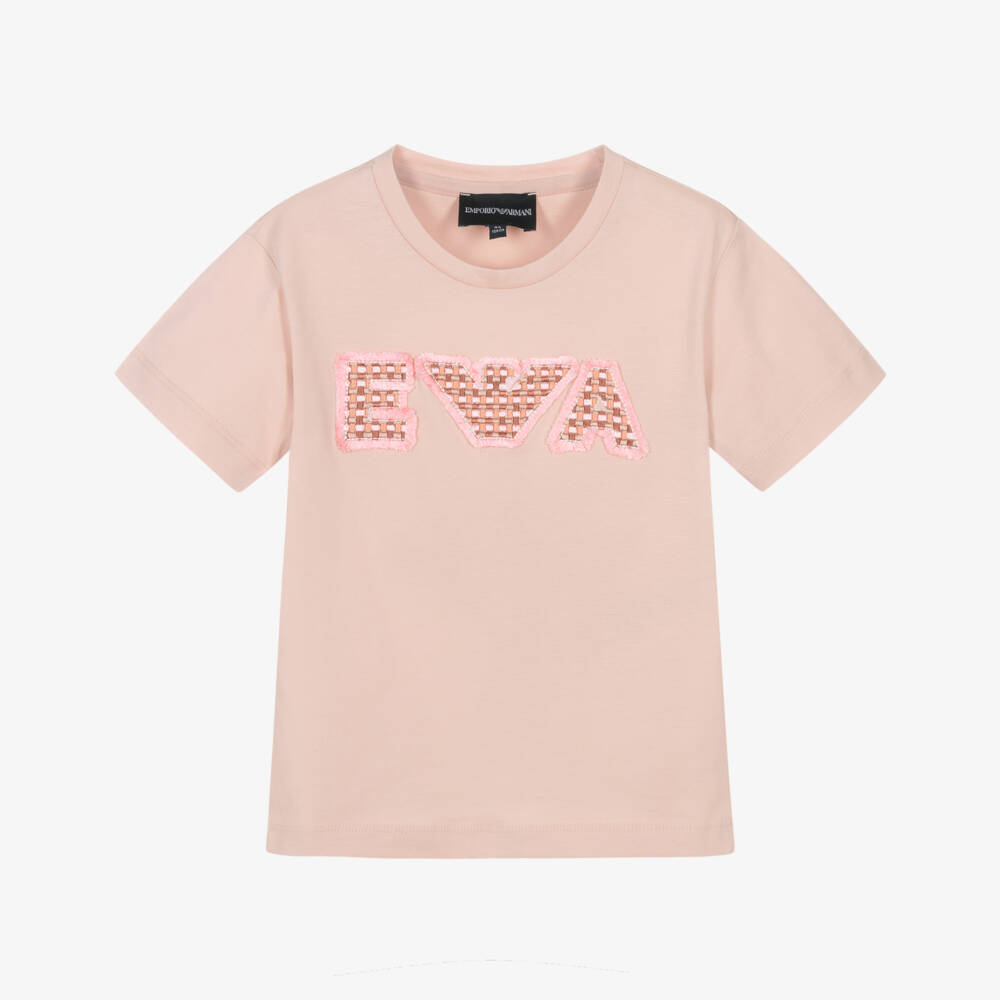 Emporio Armani-Girls Pink Cotton T-Shirt with Embroidered & Frayed Eagle Logo | Childrensalon