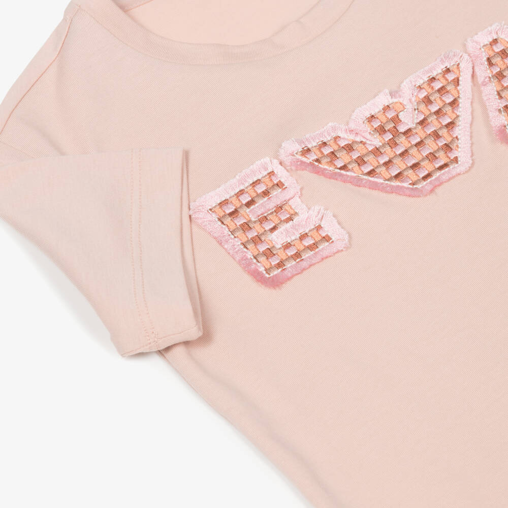 Emporio Armani-Girls Pink Cotton T-Shirt with Embroidered & Frayed Eagle Logo | Childrensalon