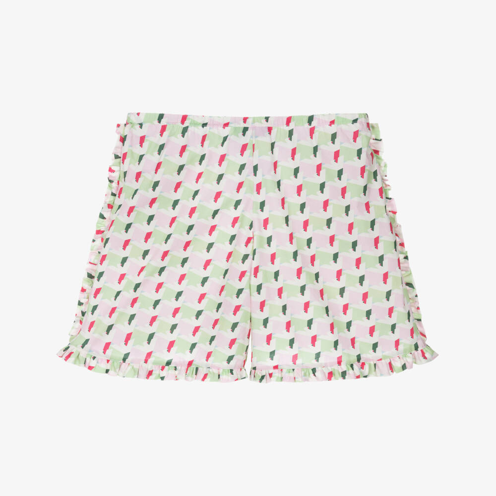 Emporio Armani-Girls Pink & Green Cotton Eagle Print Shorts | Childrensalon