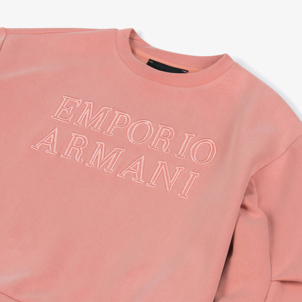 Emporio Armani-سويتشيرت بشعار مطرز مودال جيرسي لون زهري للبنات | Childrensalon