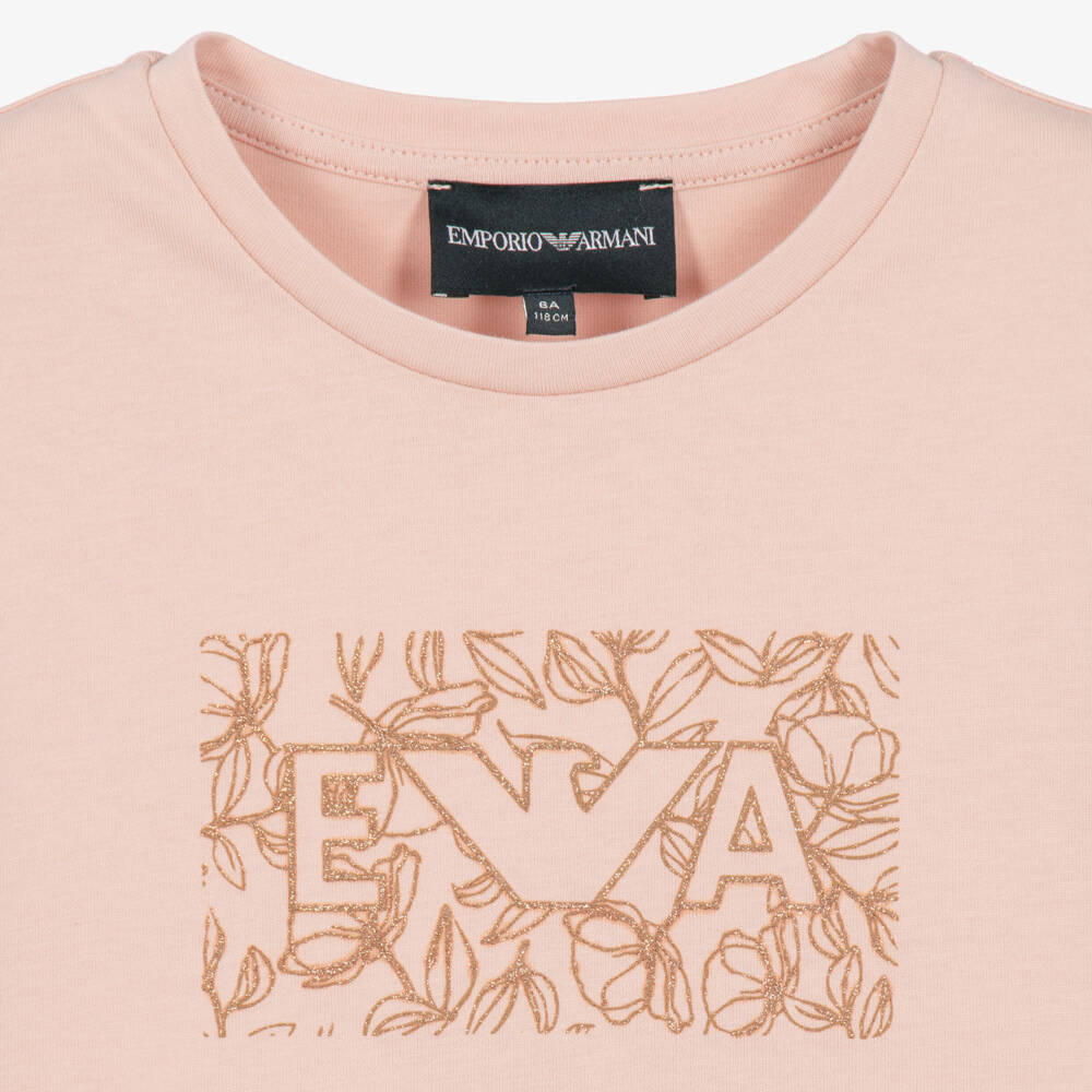 Emporio Armani-Girls Pink T-Shirt with Gold EA Print | Childrensalon