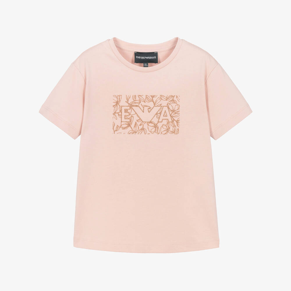Emporio Armani-Girls Pink T-Shirt with Gold EA Print | Childrensalon