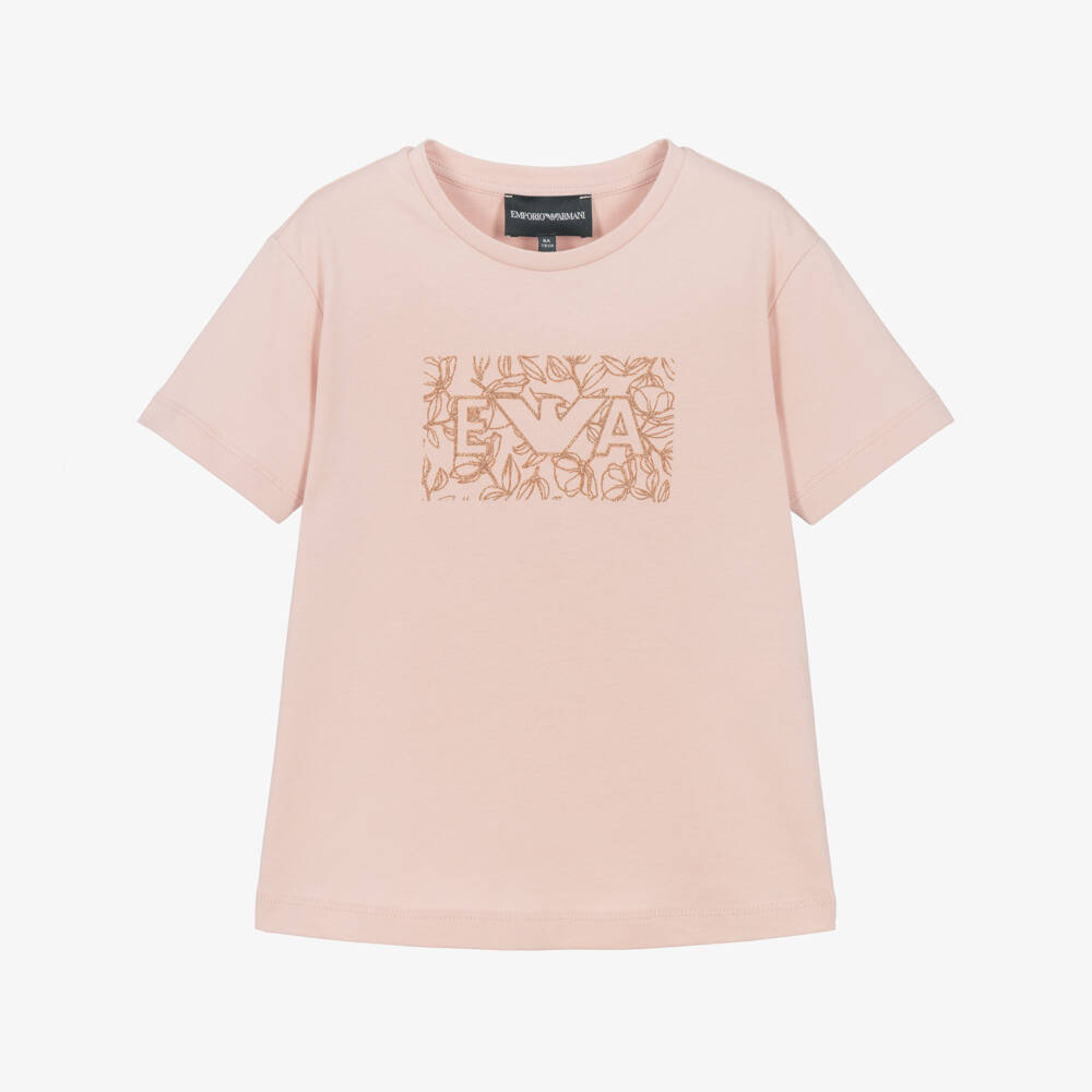 Emporio Armani-Girls Pink T-Shirt with Gold EA Print | Childrensalon