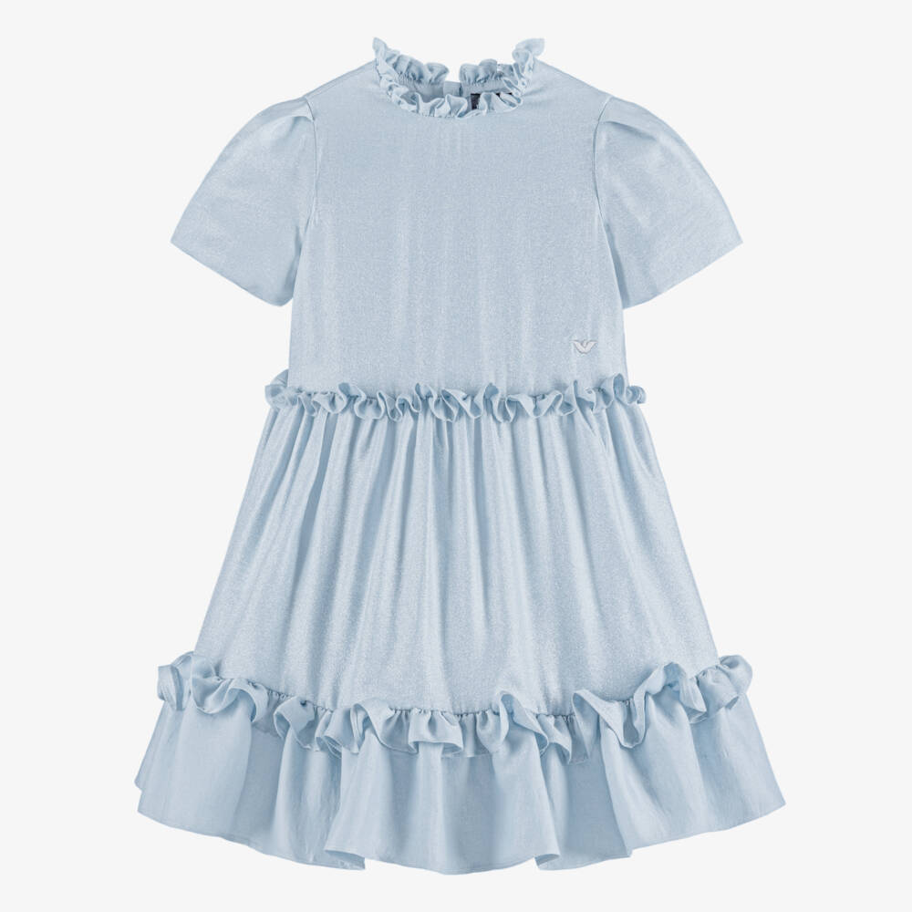 Emporio Armani-Girls Shimmery Light Blue Ruffled Dress | Childrensalon