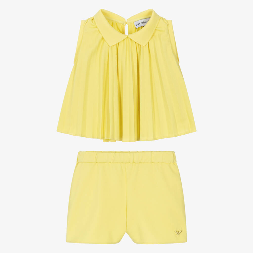 Emporio Armani-Girls Yellow Pleated Piqué Shorts Set | Childrensalon