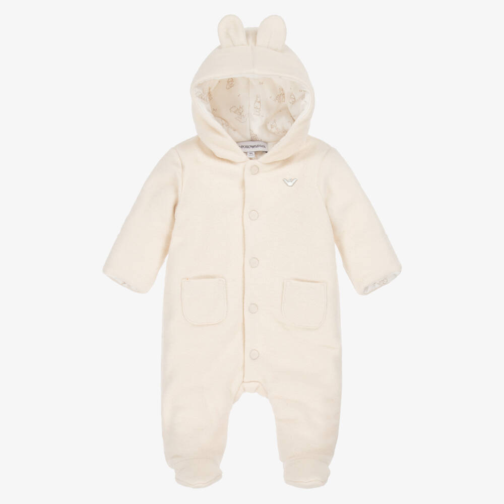 Emporio Armani-Ivory Cotton Fleece Eagle Logo Pramsuit | Childrensalon