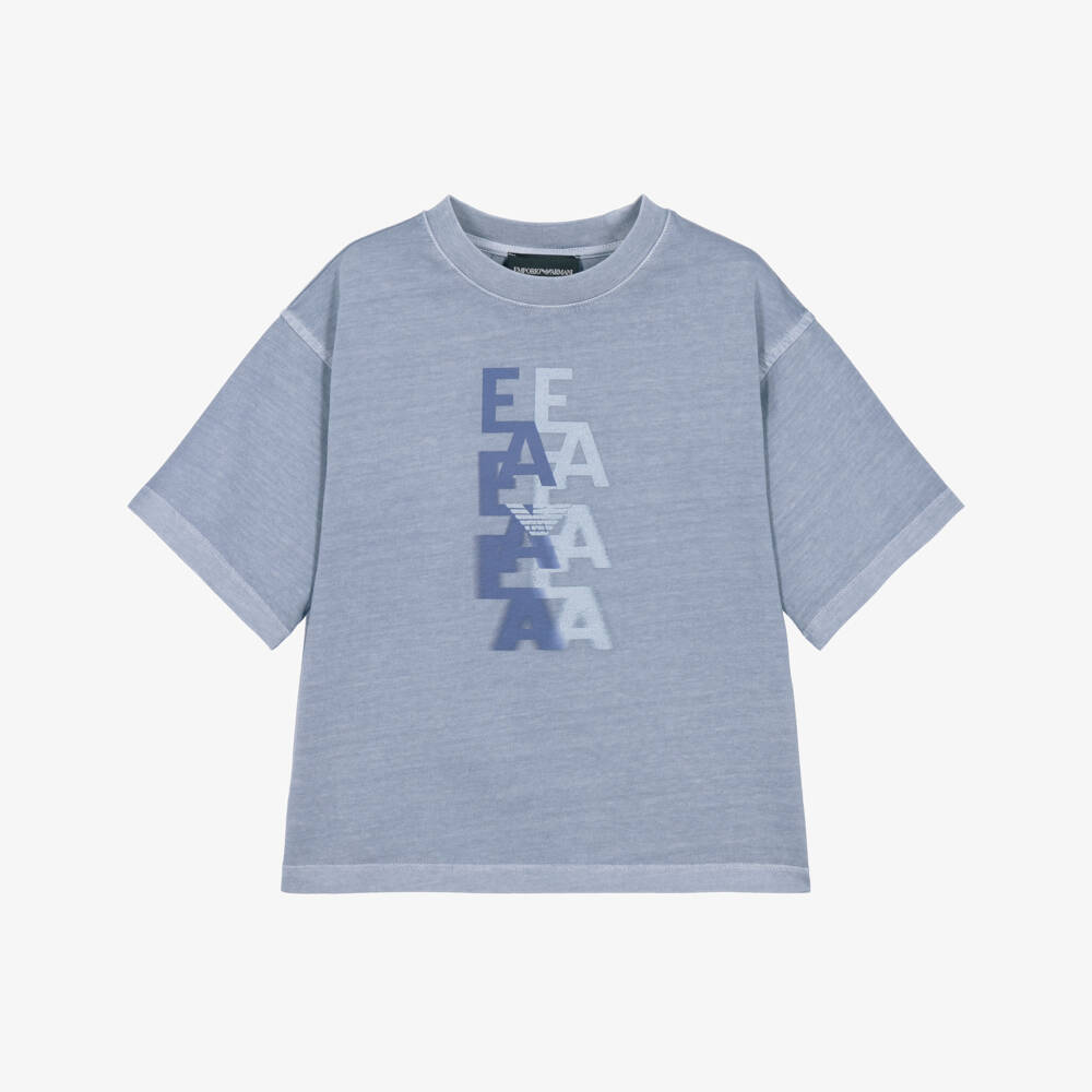Emporio Armani-Junior Boys Blue Logo T-Shirt with EA Logo | Childrensalon