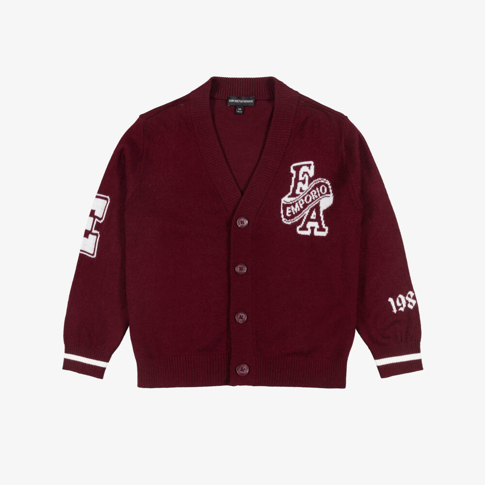 Emporio Armani-Maroon Varsity Logo Cardigan | Childrensalon