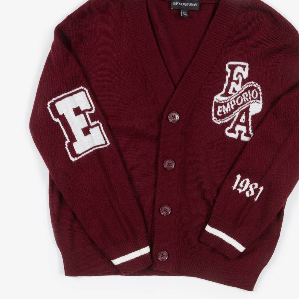 Emporio Armani-Maroon Varsity Logo Cardigan | Childrensalon