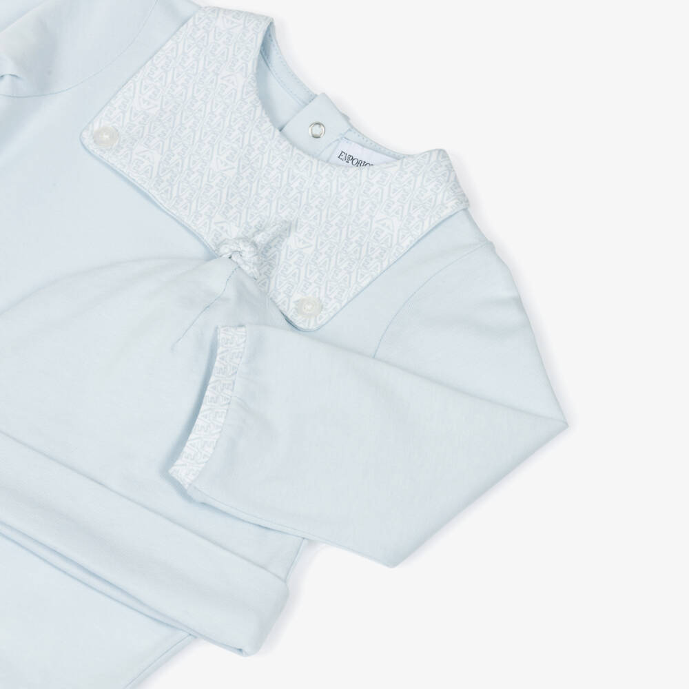 Emporio Armani-Pale Blue Cotton Babygrow Set with EA Logo Trims | Childrensalon