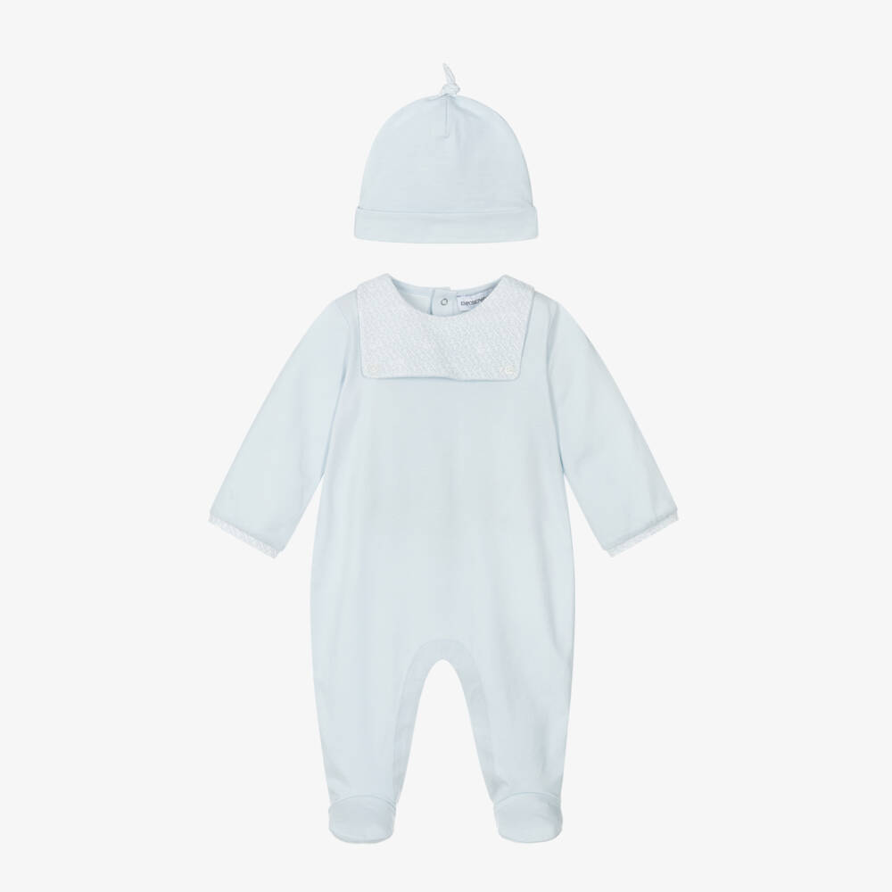 Emporio Armani-Pale Blue Cotton Babygrow Set with EA Logo Trims | Childrensalon