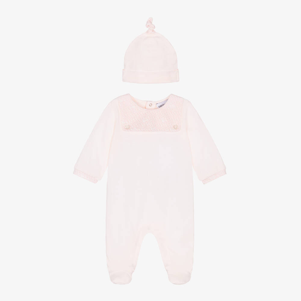 Emporio Armani-Pale Pink Cotton Babygrow Set with EA Logo Trims | Childrensalon