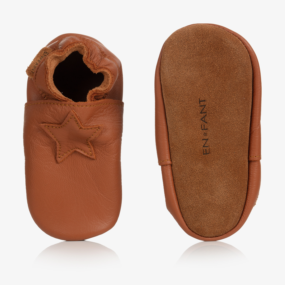 EN FANT-Brown Leather Star Slippers | Childrensalon