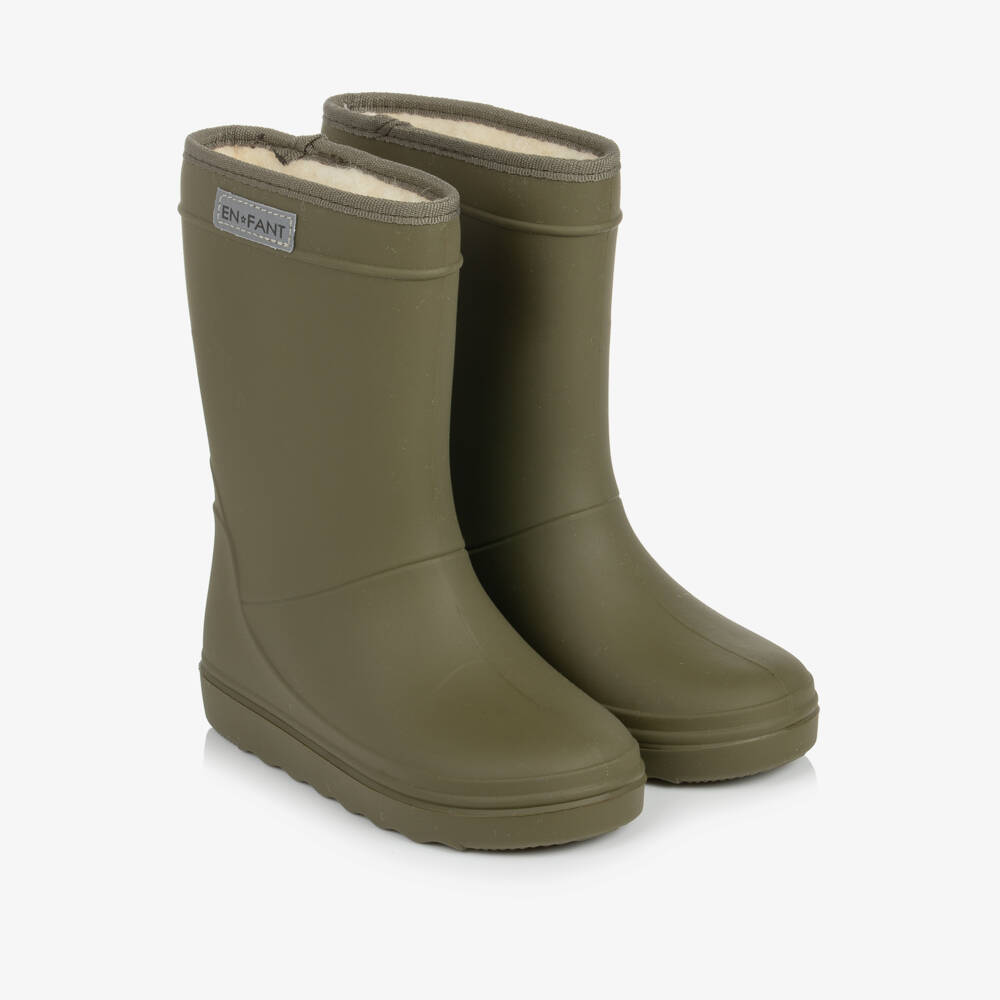 EN FANT-Khaki Green Thermal Rain Boots | Childrensalon