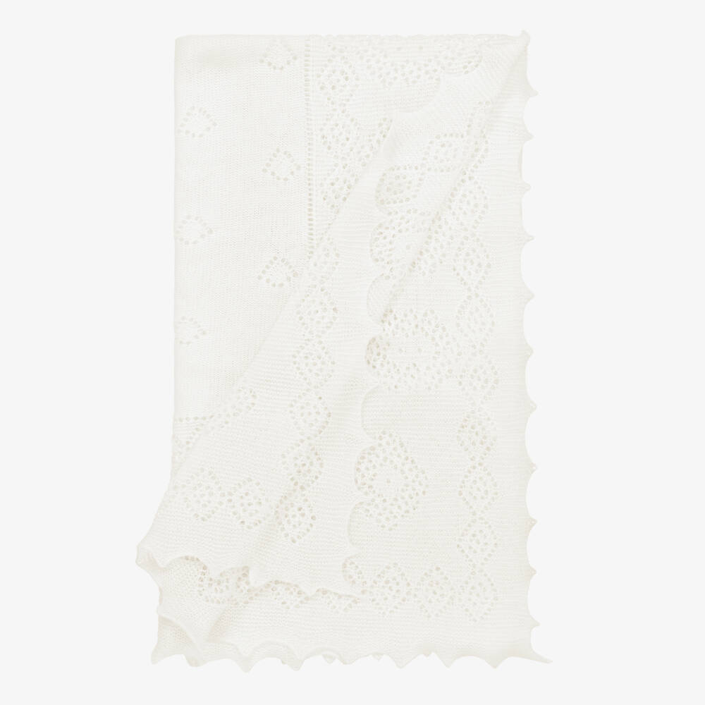 English Trousseau-Ivory Wool Knit Baby Shawl (122cm) | Childrensalon