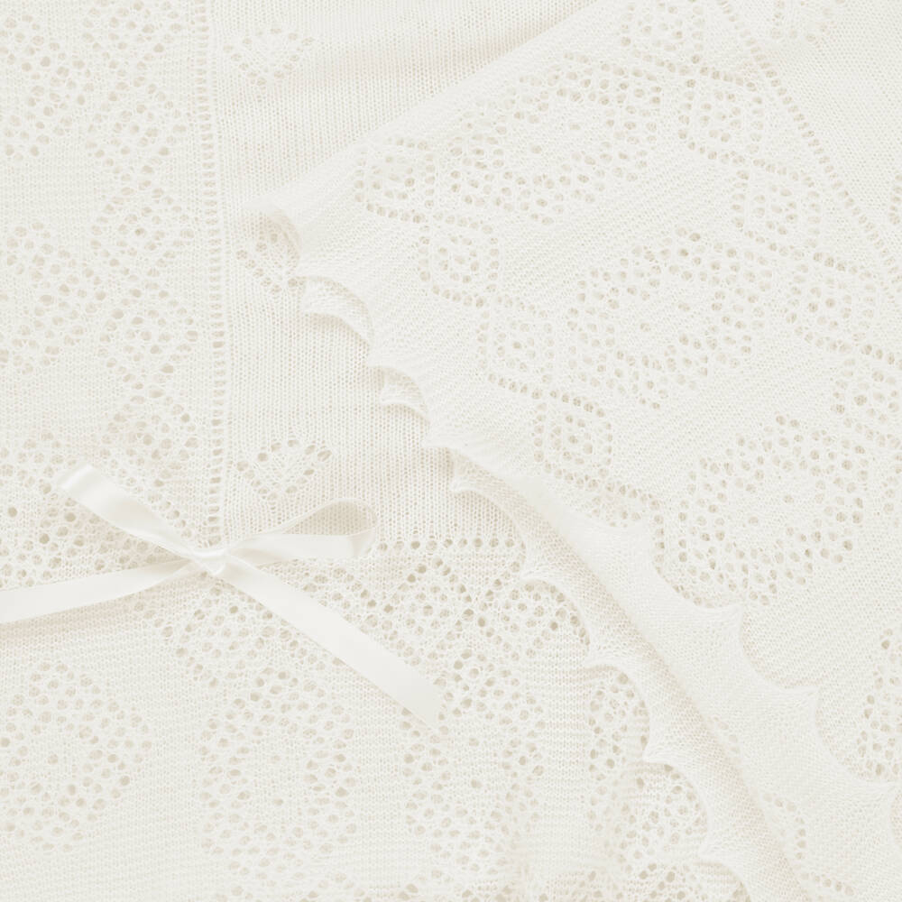 English Trousseau-Ivory Wool Knit Baby Shawl (122cm) | Childrensalon