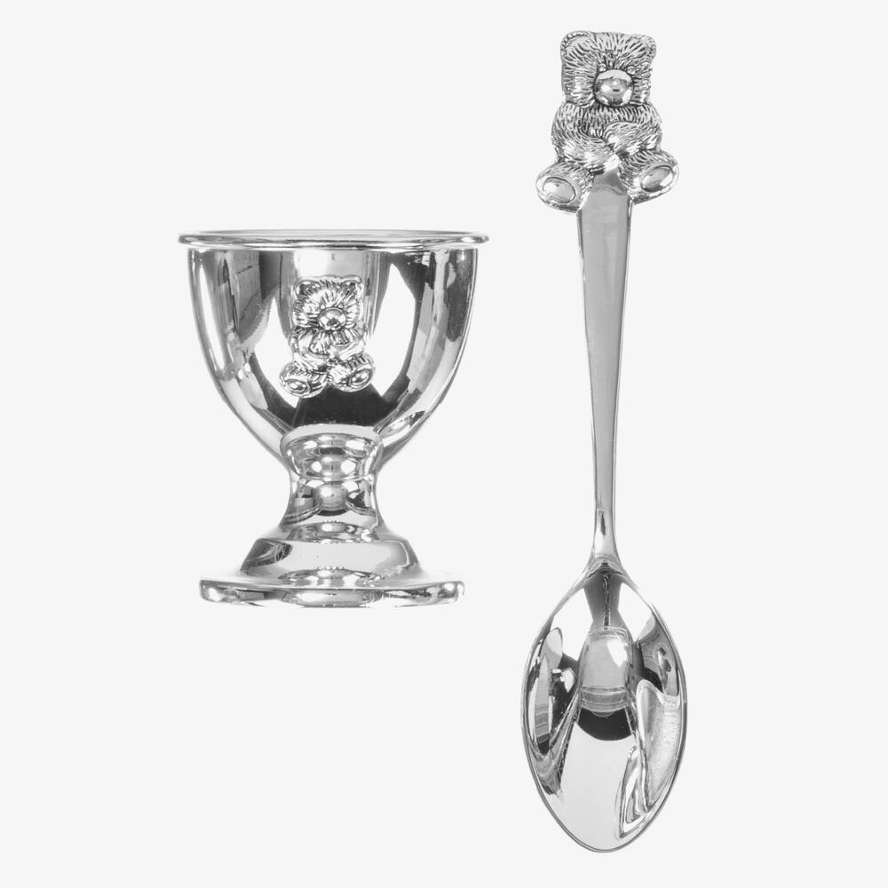 English Trousseau-Silver Egg Cup, Spoon & Blue Polka Dot Bib Baby Gift Set | Childrensalon