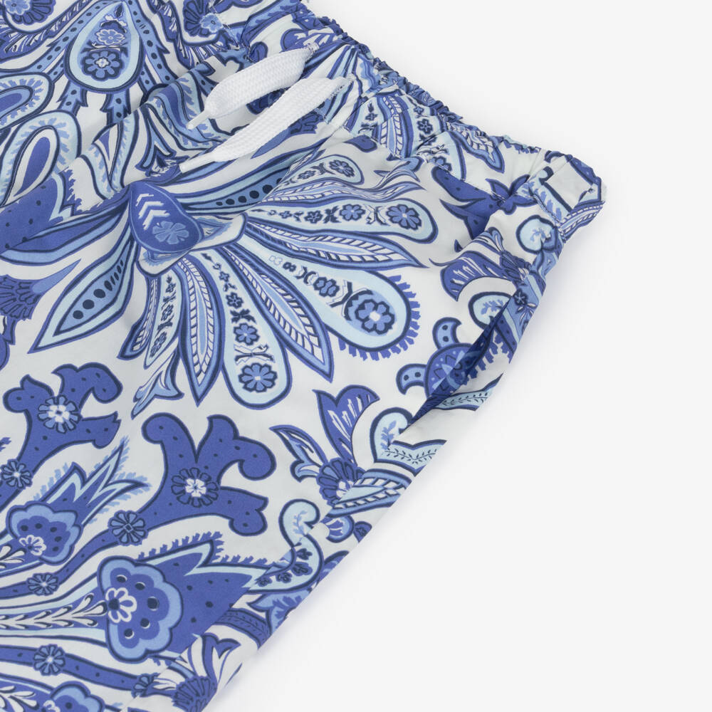 Etro-Boys Blue Cotton Paisley Print Drawstring Shorts | Childrensalon
