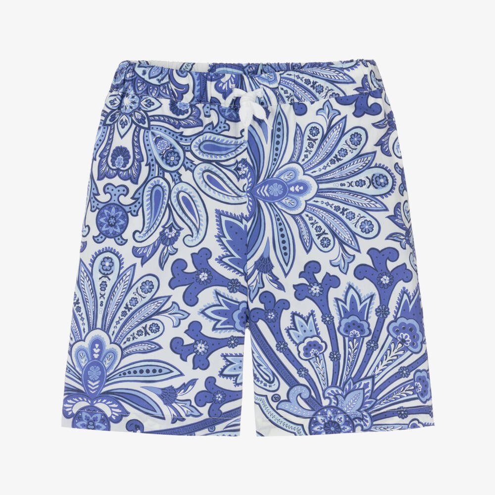Etro-Boys Blue Cotton Paisley Print Drawstring Shorts | Childrensalon