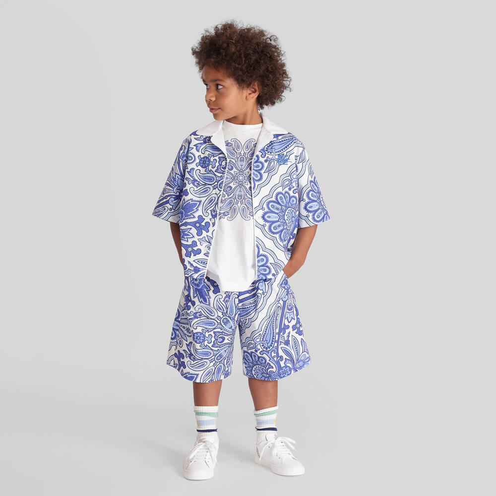 Etro-Boys Blue Cotton Paisley Print Drawstring Shorts | Childrensalon