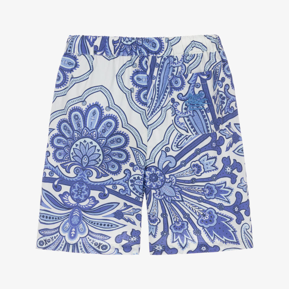Etro-Boys Blue Cotton Paisley Print Drawstring Shorts | Childrensalon