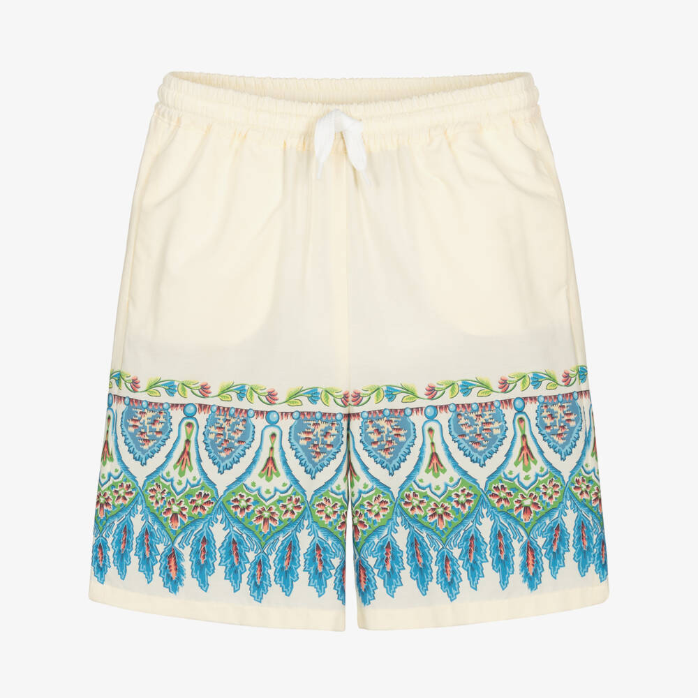 Etro-Boys Ivory & Blue Cotton Shorts with Embroidered Logo | Childrensalon
