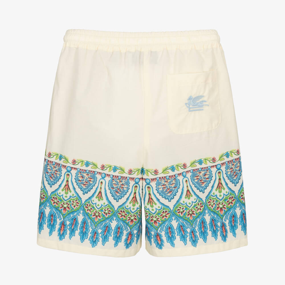 Etro-Boys Ivory & Blue Cotton Shorts with Embroidered Logo | Childrensalon