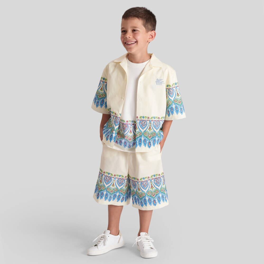Etro-Boys Ivory & Blue Cotton Shorts with Embroidered Logo | Childrensalon