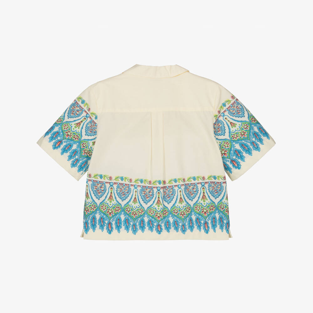 Etro-Boys Ivory Cotton Shirt with Blue Geometric Floral Print | Childrensalon