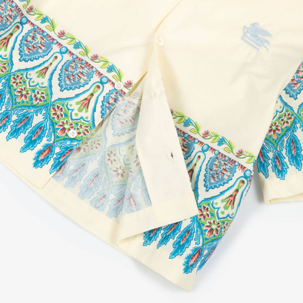 Etro-Boys Ivory Cotton Shirt with Blue Geometric Floral Print | Childrensalon