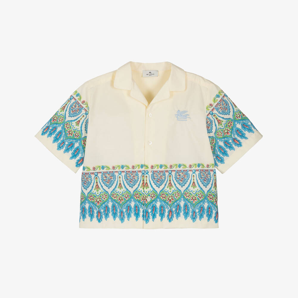 Etro-Boys Ivory Cotton Shirt with Blue Geometric Floral Print | Childrensalon