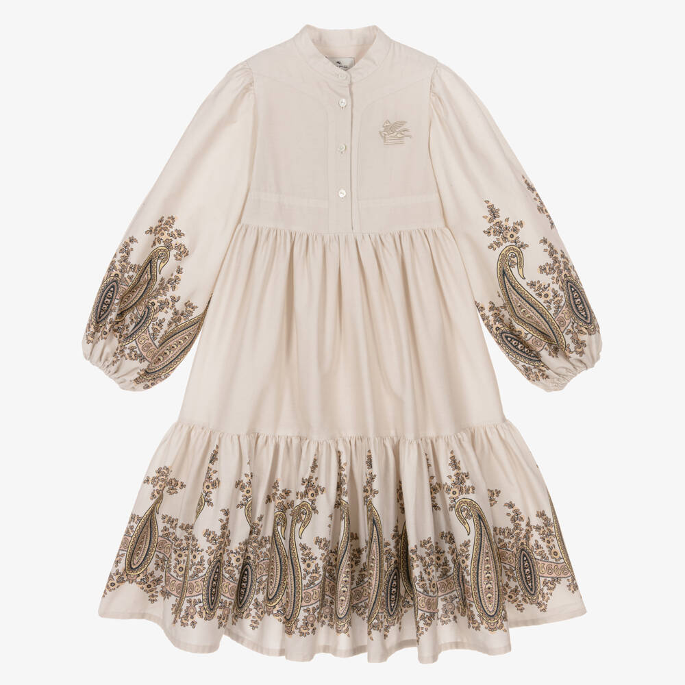 Etro-Girls Beige Cotton Paisley Dress | Childrensalon