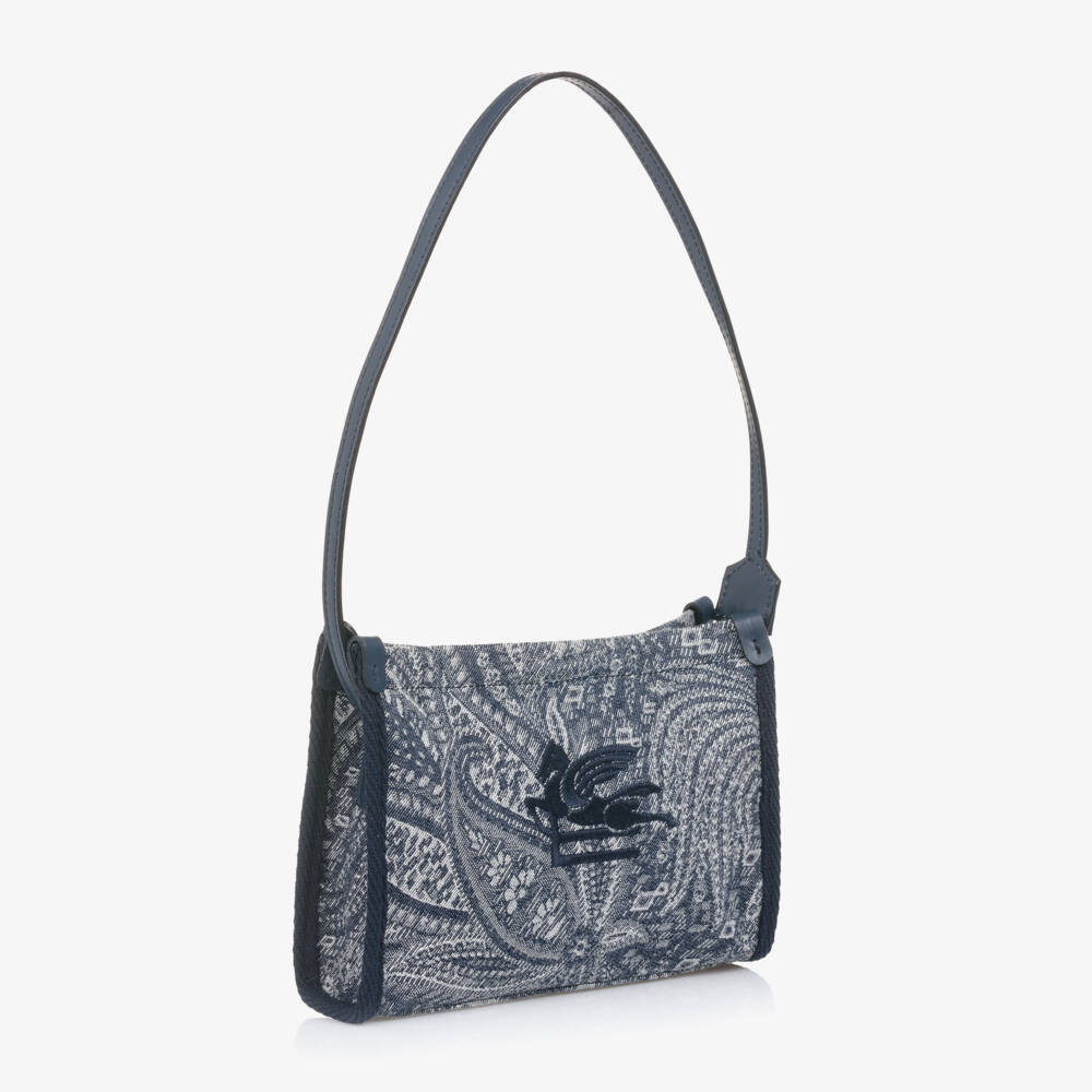 Etro-Girls Blue Cotton Paisley Shoulder Bag with Pegaso Logo (21cm) | Childrensalon