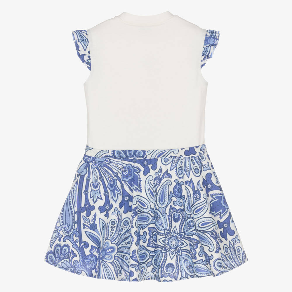 Etro-Girls Ivory & Blue Floral Paisley Print Cotton Dress | Childrensalon