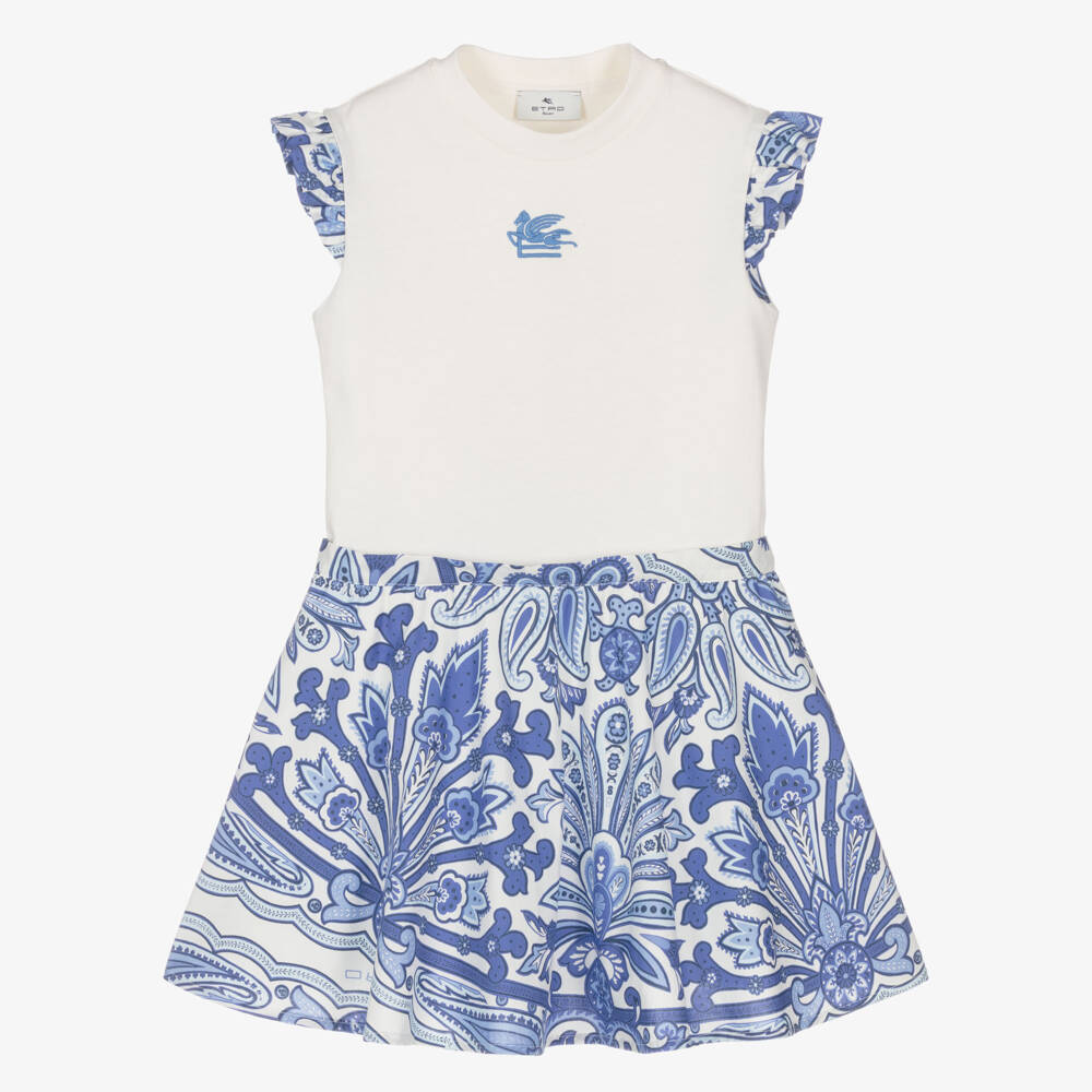 Etro-Girls Ivory & Blue Floral Paisley Print Cotton Dress | Childrensalon