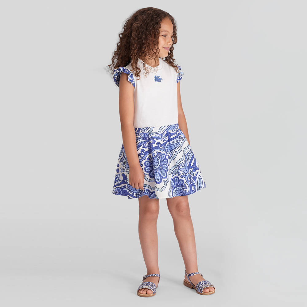 Etro-Girls Ivory & Blue Floral Paisley Print Cotton Dress | Childrensalon