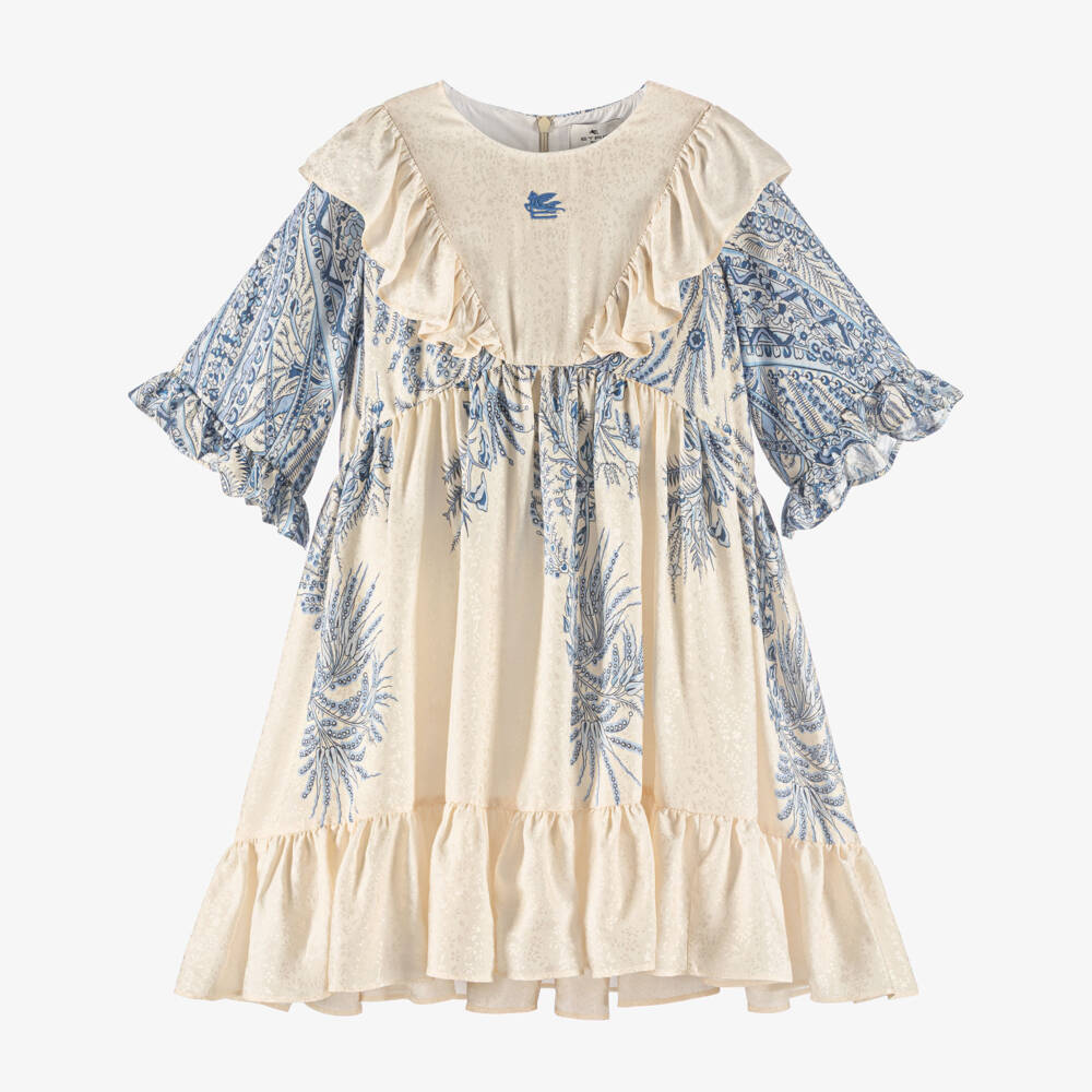 Etro-Girls Ivory & Blue Floral Print Dress with Ruffles | Childrensalon