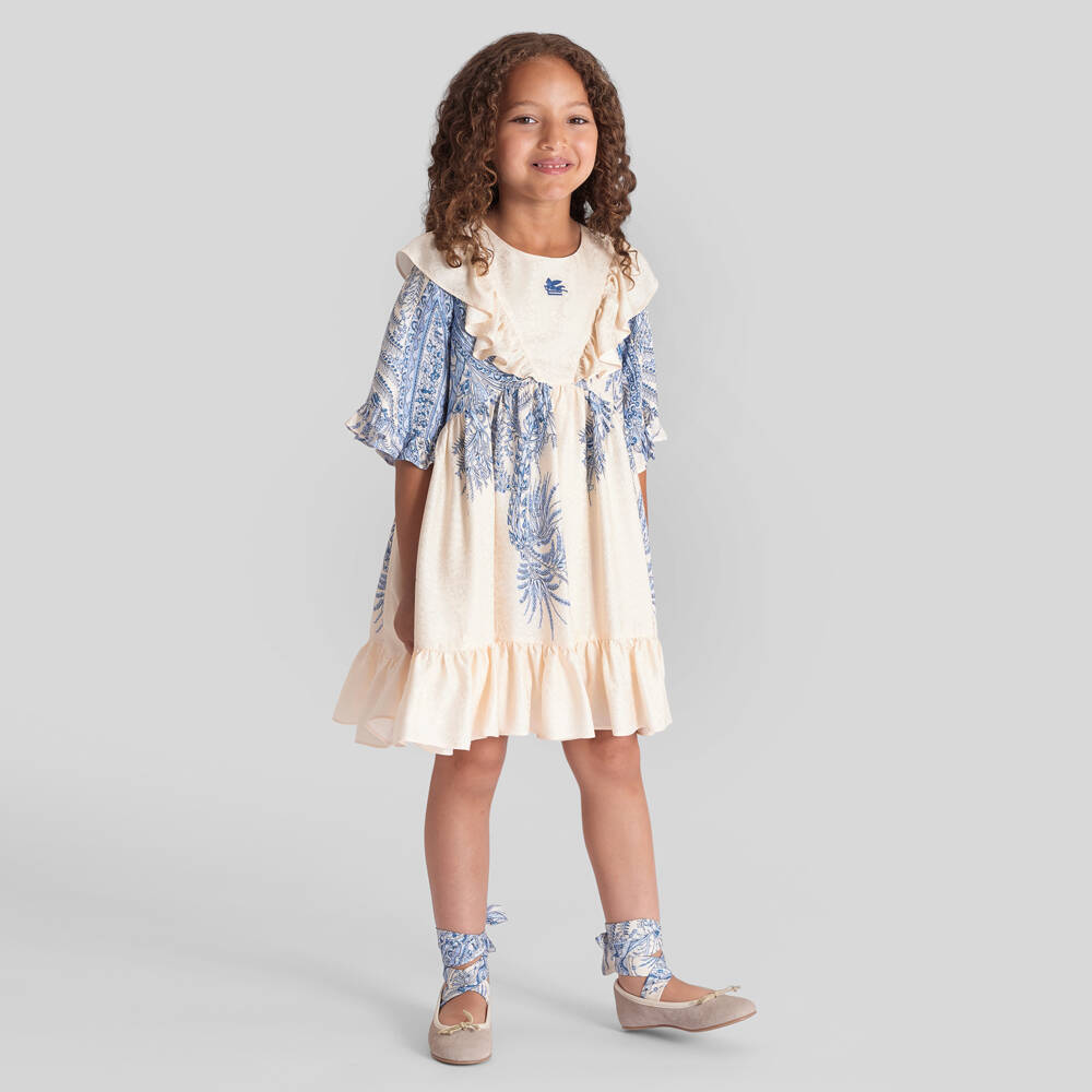 Etro-Girls Ivory & Blue Floral Print Dress with Ruffles | Childrensalon