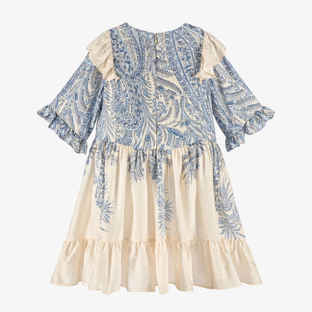 Etro-Girls Ivory & Blue Floral Print Dress with Ruffles | Childrensalon