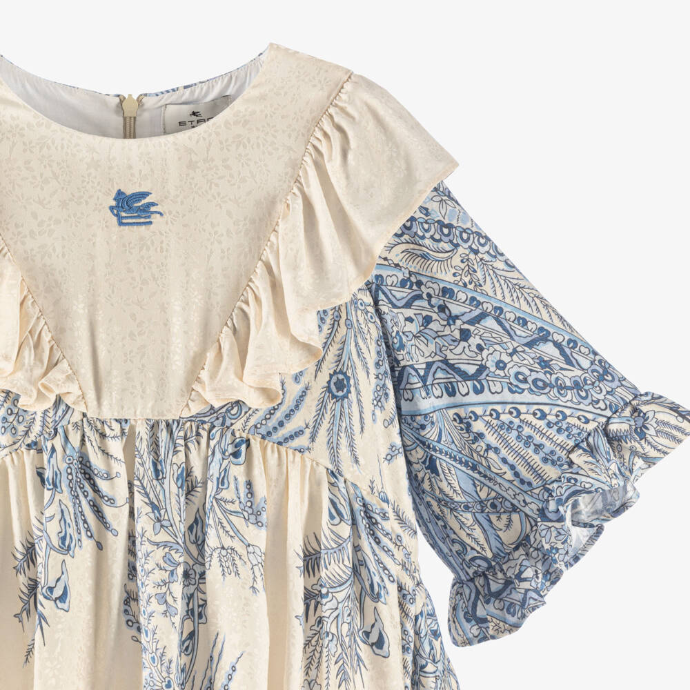 Etro-Girls Ivory & Blue Floral Print Dress with Ruffles | Childrensalon