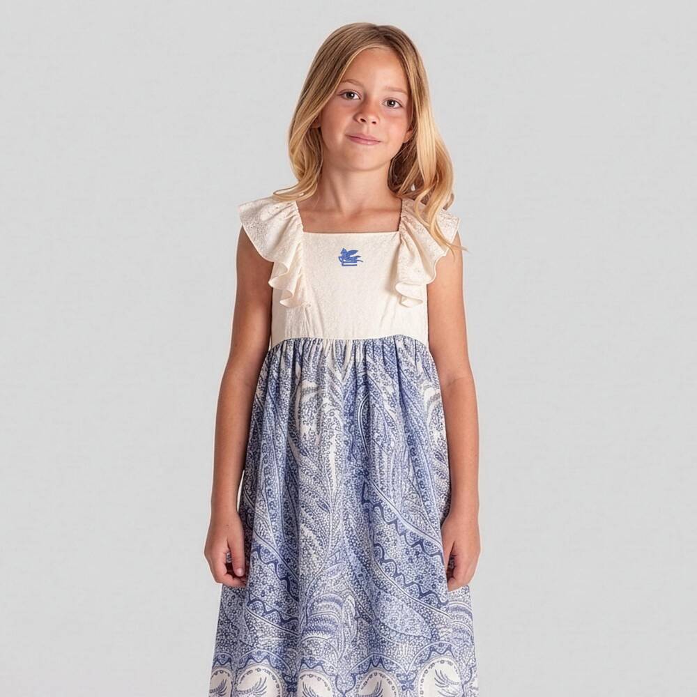 Etro-فستان مزين بكشكش ونقشة بيزلي لون عاجي وأزرق للبنات | Childrensalon