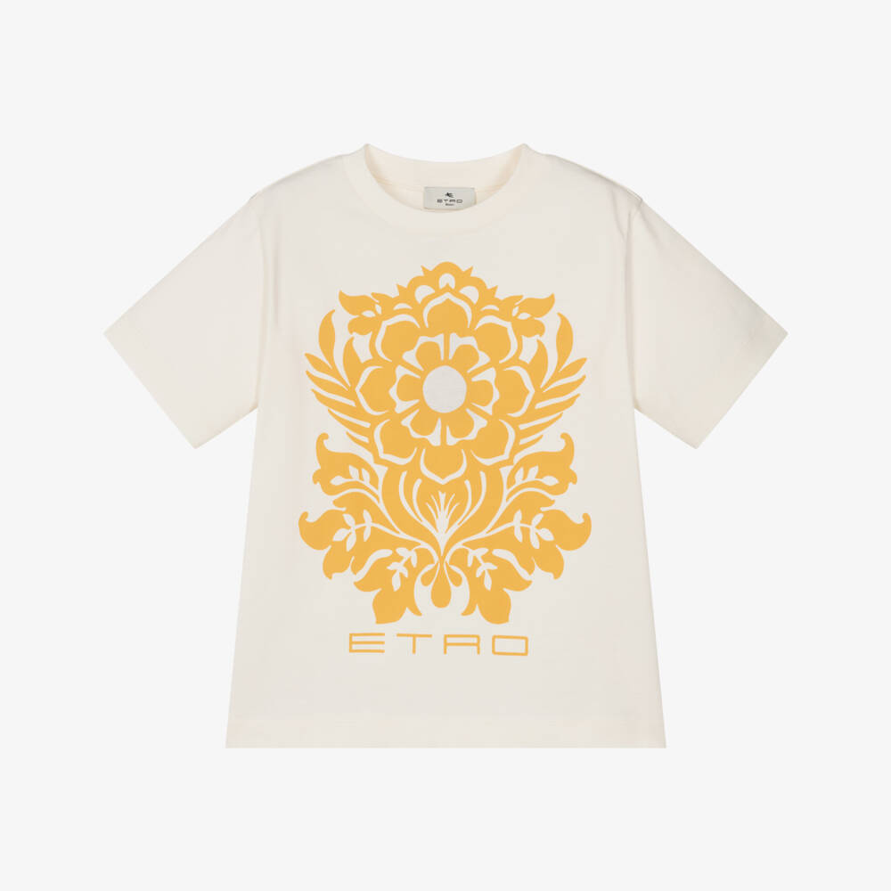 Etro-Girls Ivory Cotton Logo T-Shirt with Yellow Floral Print | Childrensalon