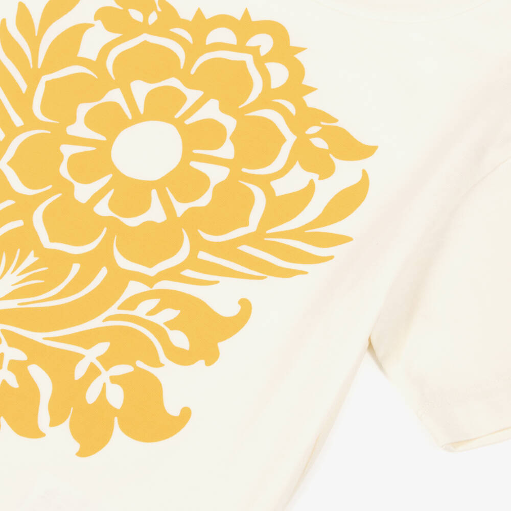 Etro-Girls Ivory Cotton Logo T-Shirt with Yellow Floral Print | Childrensalon