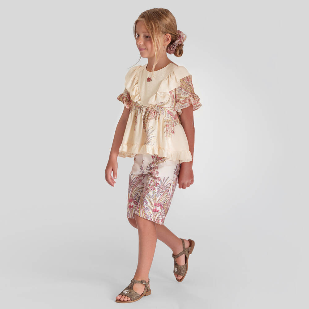 Etro-Girls Ivory Denim Shorts with Pink Floral Print | Childrensalon