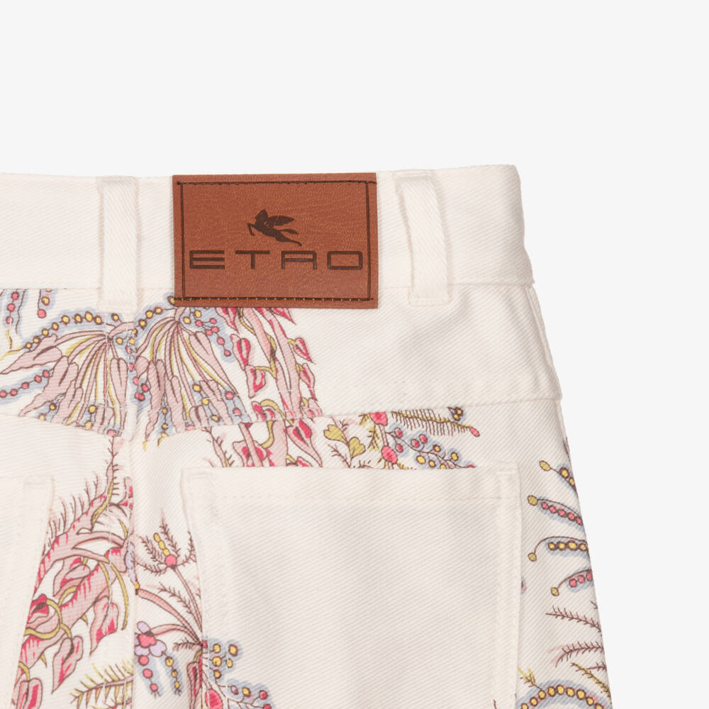 Etro-Girls Ivory Denim Shorts with Pink Floral Print | Childrensalon