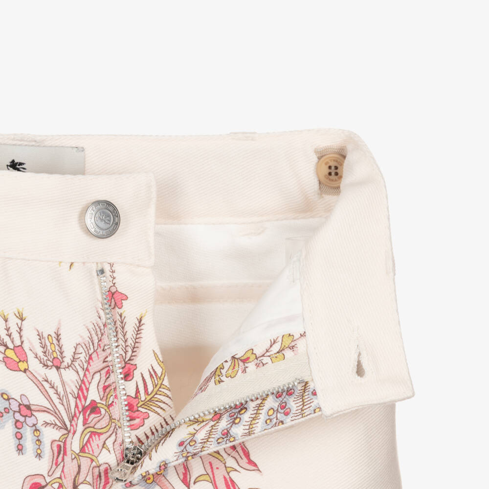 Etro-Girls Ivory Denim Shorts with Pink Floral Print | Childrensalon